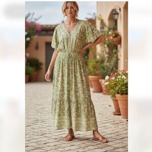 NWT LEA Cotton Boho Green Brown Floral Puff sleeve Midi Dress SZ-1X Pockets
